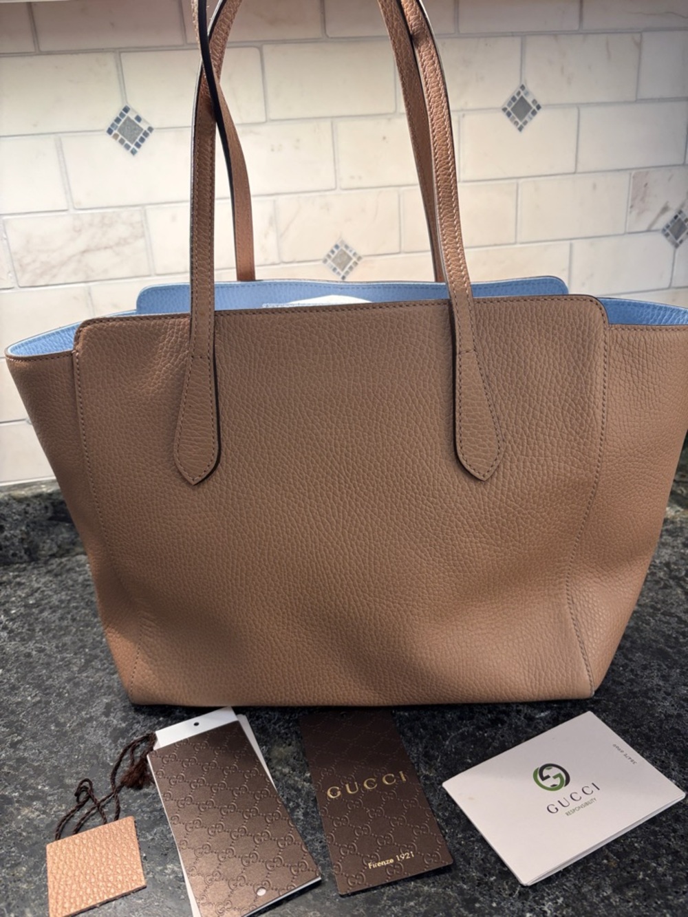 Gucci Brown Leather Tote with Light Blue Trim and Tag - Picture 3 of 6